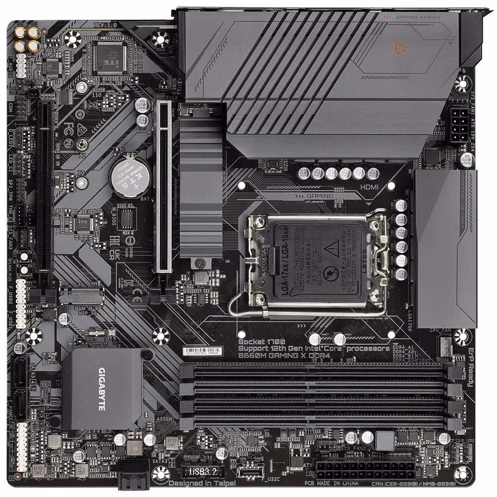 GIGABYTE B660M GAMING X DDR4, Socket 1700, Intel® B660 (13/12th Gen CPU), 9Phases, CPU iGPU, Dual 4xDDR4-4400, HDMI, DP, 2xPCIe X16, 4xSATA3, RAID, 2xM.2 4.0, 2xPCIe X1, ALC897 7.1, 1x2.5GbE LAN, 1xUSB-C Gen2, 5xUSB3.2, RGB Fusion 2.0, mATX
