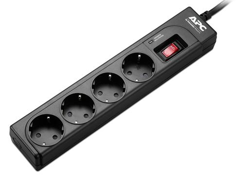 Surge Protector APC Essential P43B-RS, 4 Sockets, 230V, Input power 2300W, Peak Current 36.0 kA, Surge energy rating 918 joules, 1 m, Black photo 1
