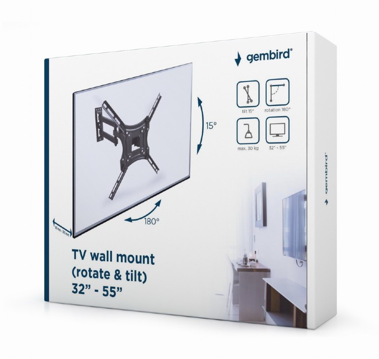 TV-Wall Mount for 32-55"- Gembird "WM-55RT-04", Rotate & Tilt, max. 30 kg, Rotation 90°, Tilting angle 15°, Distance TV to Wall: 60-370 mm, max. VESA 400 x 400, Black photo 2