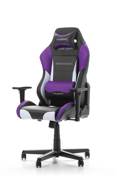 Gaming/Office Chair DXRacer Drifting GC-D61-NWV-M3, Black/White/Violet, Premium PU leather, max weight up to 150kg / height 145-175cm, Recline 90°-135°, 3D Armrests, Head and Lumber cushions, Aluminium wheelbase, 2" PU Caster, W-23.5kg photo 1
