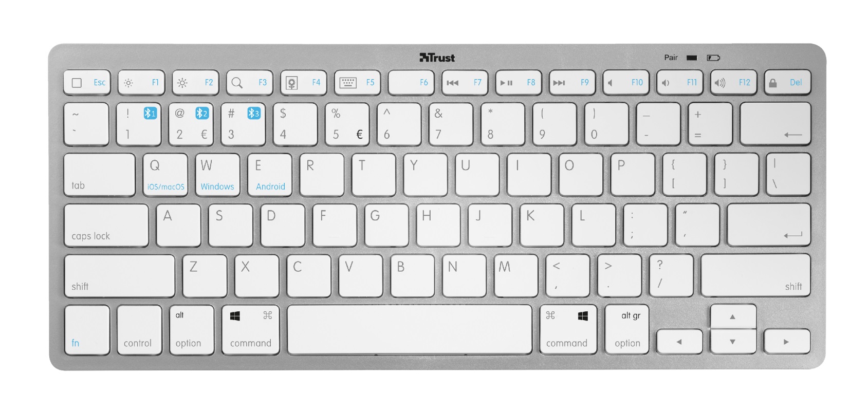 Trust Nado Ultra-thin Wireless Bluetooth keyboard, Bluetooth 4.0, Power saving,  Triple pairing - Able to switch FN functions to match operating systems perfectly: iOS/MacOS, Windows and Android, US, Silver photo 1