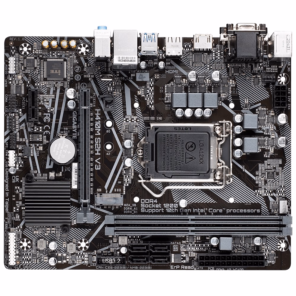 GIGABYTE H410M S2H V3, Socket 1200, Intel® H510 (10th Gen CPU), Dual 2xDDR4-2933, CPU Intel graphics, VGA, DVI, HDMI, 1xPCIe X16, 4xSATA3, 1xM.2(NVMe only), 1xPCIe X1, ALC887 HDA, GbE LAN, 4xUSB3.2, RGB Led, mATX