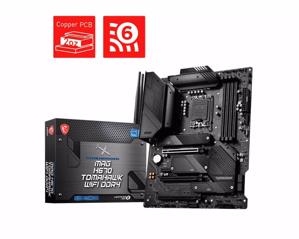 MSI MAG H670 TOMAHAWK WIFI DDR4, Socket 1700, Intel® H670 (12th Gen CPU), CPU graphics, HDMI, DP, Dual 4xDDR4-4800, 3xPCIe X16 5.0, 6xSATA3, RAID, 3xM.2 4.0, 1xPCIe X1, ALC897 HDA 7.1, 2.5GbE LAN, WiFi6/BT, 1xUSB-C 3.2Gen2x2, 2xUSB3.2Gen2(A+C), 4xUSB3.2, 