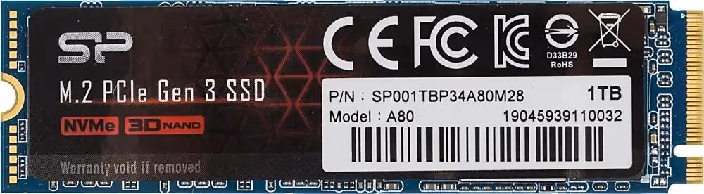 M.2 NVMe SSD Silicon Power A80/ 1.0TB/ PCIe3.0 x4 / NVMe1.3/ M2 Type 2280