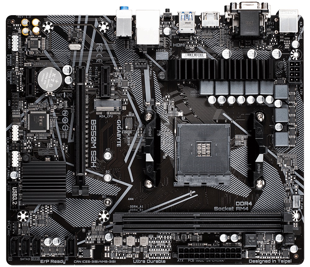 GIGABYTE B550M S2H, Socket AM4, AMD B550, Dual 2xDDR4-5100, APU AMD graphics, VGA, DVI, HDMI, 1xPCIe4.0 X16, 4xSATA3, RAID, 1xM.2PCIe 4.0, 2xPCIeX1, ALC887 HDA, GbE LAN, 6xUSB3.2, RGB Fusion 2.0, mATX photo 1