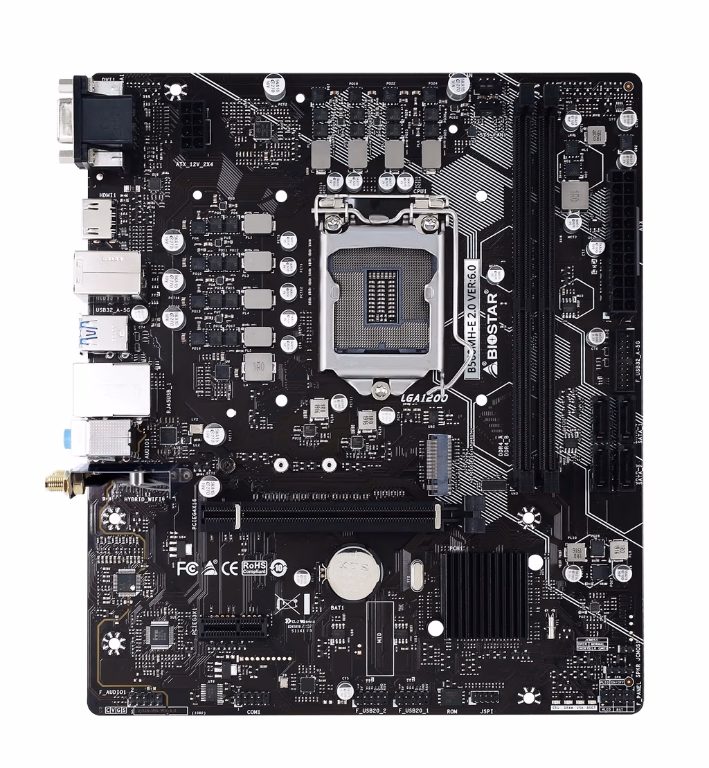 BIOSTAR Racing B560MH-E 2.0, Socket 1200, Intel® B560 (11/10th Gen CPU), Dual 2xDDR4-3333+, CPU Intel graphics, VGA, HDMI, 1xPCIe X16 4.0, 4xSATA3, 1xM.2, 1xM.2 E-key slot (for WiFi), 1xPCIe X1, ALC897 HDA, 1GbE LAN, 4xUSB 3.2, mATX