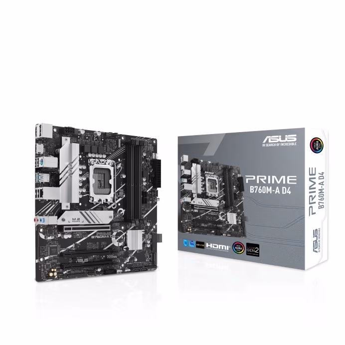 ASUS PRIME B760M-A D4, Socket 1700, Intel® B760 (14/13/12th Gen CPU), Dual 4xDDR4-5333, 2xHDMI, DP, CPU Intel graphics, 3xPCIe X16 4.0, 4xSATA3, RAID, 2xM.2,  Realtek 7.1 HDA, 1x2.5GbE LAN, 1xUSB-C, 2xUSB3.2 Gen2, 4xUSB3.2, 5X Pro III, Aura Sync RGB, mATX