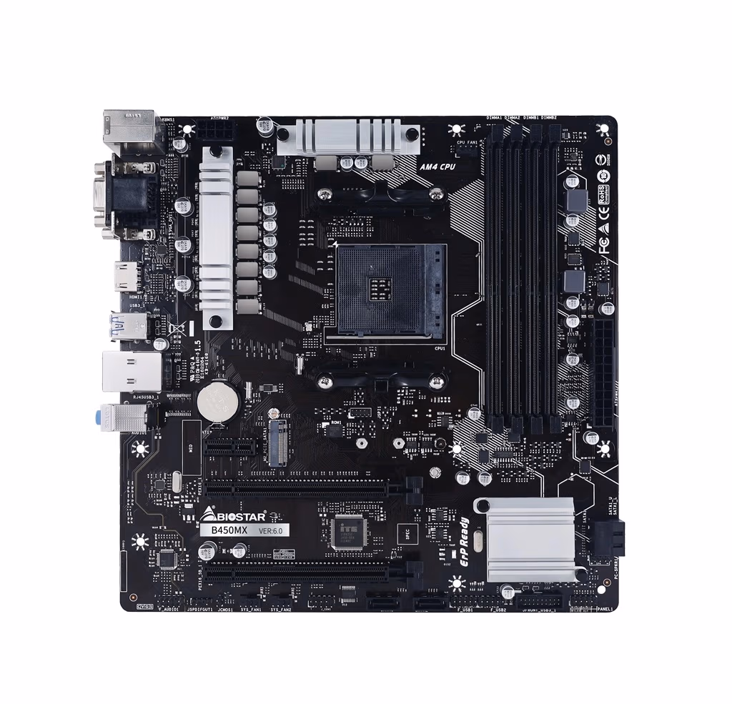 BIOSTAR B450MX, Socket AM4, AMD B450, Dual 4xDDR4-4333+, APU AMD graphics, VGA, DVI, HDMI, 2xPCIe X16, 4xSATA3, RAID, 1x M.2, 1xPCIe X1, ALC887 HDA, 1GbE LAN, 6xUSB3.2, mATX