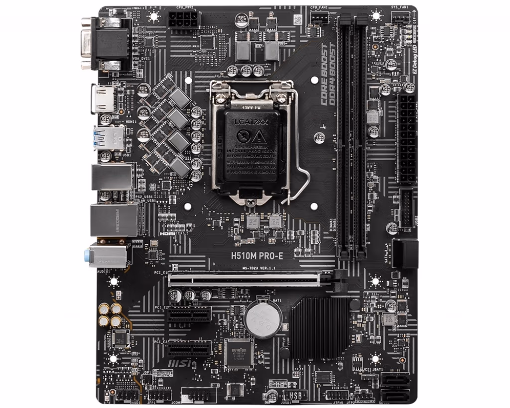 MSI H510M PRO-E, Socket 1200, Intel® H510 (11/10th Gen CPU), Dual 2xDDR4-3200, CPU Intel graphics, VGA, HDMI, 1xPCIe X16 4.0, 4xSATA3, 2xPCIe X1, ALC897 HDA 7.1, GbE LAN, 4xUSB3.2, mATX