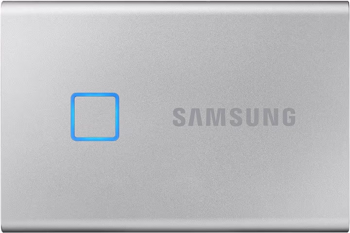 M.2 External SSD 2.0TB Samsung T7 Touch USB 3.2, Silver, USB-C, Fingerprint Security, Includes USB-C to A / USB-C to C cables, Sequential Read/Write: up to 1050/1000 MB/s, V-NAND (TLC), Windows/Mac/PS4/Xbox One compatible, Light, Portable, Durable