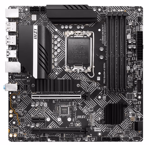 MSI PRO B660M-A DDR4, Socket 1700, Intel® B660 (12th Gen CPU), CPU graphics, 2xHDMI, 2xDP, Dual 4xDDR4-4800, 2xPCIe X16 4.0, 4xSATA3, RAID, 2xM.2 4.0, 1xM.2 E-key for Wi-Fi, 1xPCIe X1, ALC897 HDA 7.1, 2.5GbE LAN, 2xUSB3.2Gen2, 5xUSB3.2(4A+1C), RGB Mystic
