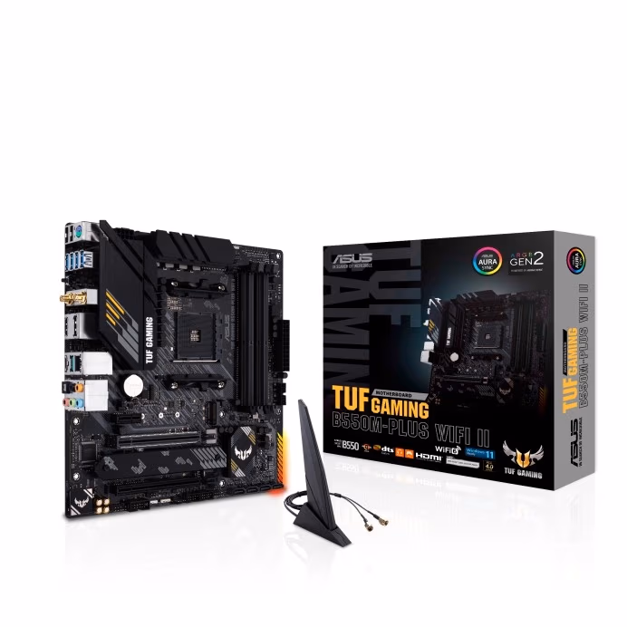 ASUS TUF GAMING B550M-PLUS WIFI II, Socket AM4, 10Phases, AMD B550, Dual 4xDDR4-4866, APU AMD graphics, HDMI, DP, 2xPCIeX16 4.0, 4xSATA3, RAID, 1xPCIeX1, RAID, 2xM.2 4.0, S1200A HDA, SPDIF, 2.5GbE LAN, WiFi6/BT, 2xUSB3.2 Gen 2(A+C), 6xUSB3.2, Aura Sync RG