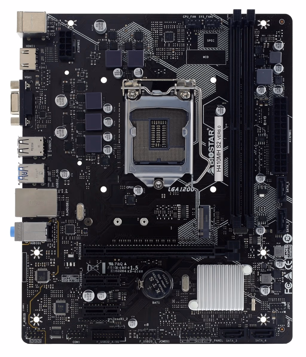BIOSTAR H410MH S2, Socket 1200, Intel® H510 (10th Gen CPU), Dual 2xDDR4-2933, CPU Intel graphics, VGA, HDMI, 1xPCIe X16, 4xSATA3, 1xM.2, 2xPCIe X1, ALC887 HDA, 1xGbE LAN, 4xUSB3.2, mATX