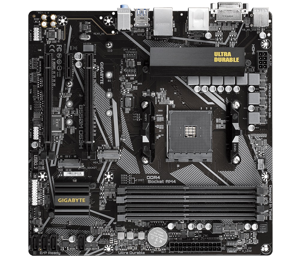 GIGABYTE B550M DS3H, Socket AM4, AMD B550, Dual 4xDDR4-4733, APU AMD graphics, DVI, HDMI, 2xPCIe4.0 X16, 4xSATA3, RAID, 2xM.2PCIe 4.0, 1xPCIeX1, ALC887 HDA, GbE LAN, 6xUSB3.2, RGB Fusion 2.0, mATX photo 1