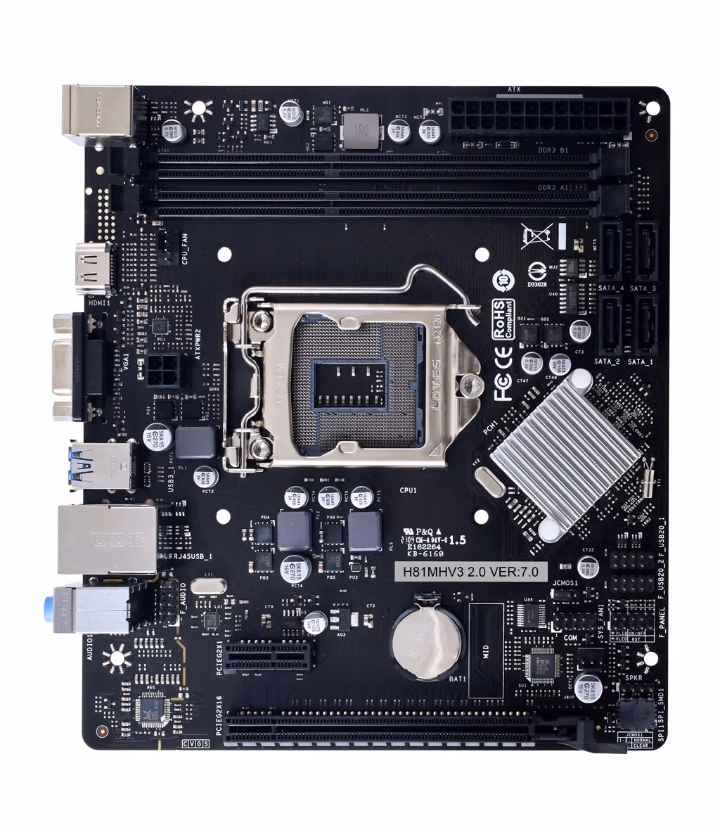 BIOSTAR H81MHV3 2.0, Socket 1150, Intel H81, Dual 2xDDR3-1600, CPU Intel graphics,VGA, HDMI, 1xPCIe X16, 2xSATA3 (6GB/s), 2xSATA2, 1x PCIe X1, Realtek ALC897 HDA, 1xGbE LAN, 2xUSB3.0, 6xYSB 2.0, mATX