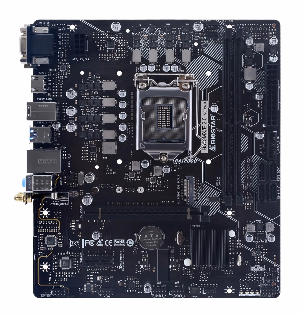 BIOSTAR H510MX/E 2.0, Socket 1200, Intel® H510 (11/10th Gen CPU), Dual 2xDDR4-3200, CPU Intel graphics, VGA, DVI, HDMI, 1xPCIe X16 4.0, 4xSATA3, 1xM.2, 1xM.2 (E key for WiFi6), 1xPCIe X1, ALC897 HDA, 1xGbE LAN, 4xUSB3.2, mATX