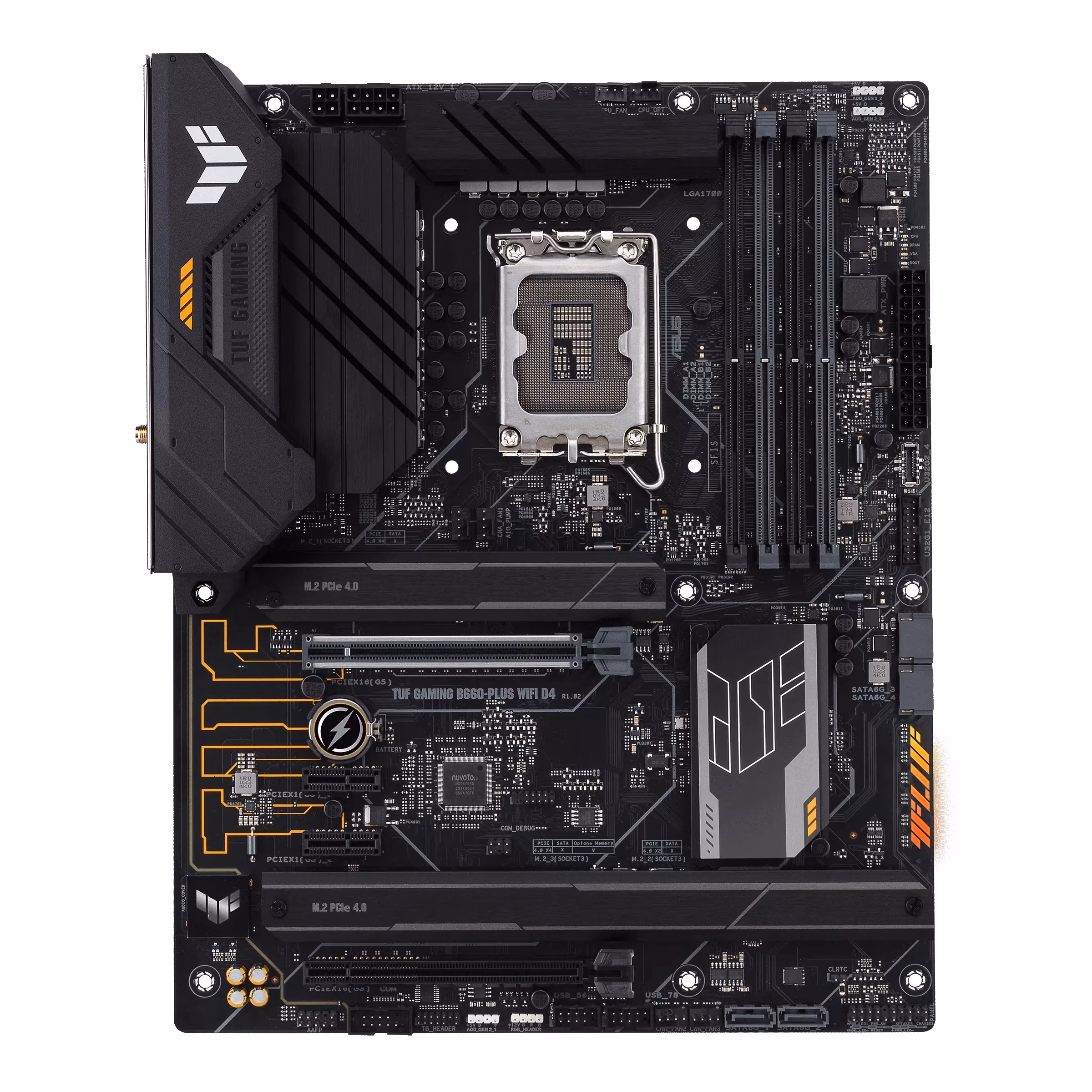 ASUS TUF GAMING B660-PLUS WIFI D4, Socket 1700, 11Phases, Intel® B660 (13/12th Gen CPU), Dual 4xDDR4-5333, HDMI, DP, CPU iGPU, 2xPCIe X16 5.0, 4xSATA3, RAID, 3xM.2 4.0, 2xPCIe X1, ALC897 7.1/SPDIF, 1x2.5GbE LAN, WiFi6/BT5.2, 1xUSB-C Gen2x2, 2xUSBC+A Gen2,