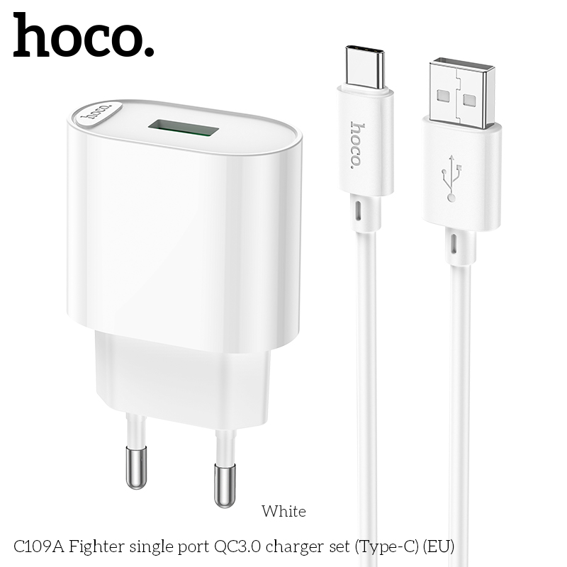 USB Charger HOCO C109A Safe Charger Set, Single port, 1 x USB, USB to USB-C 1m cable included, USB: 18W, up to QC3.0, White photo 1