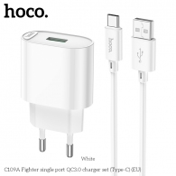 USB Charger HOCO C109A Safe Charger Set, Single port, 1 x USB, USB to USB-C 1m cable included, USB: 18W, up to QC3.0, White thumbnav 1
