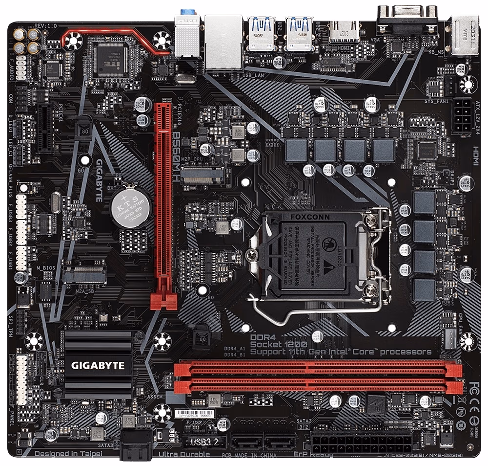 GIGABYTE B560M H, Socket 1200, Intel® B560 (11/10th Gen CPU), Dual 2xDDR4-5333, CPU Intel graphics, VGA, HDMI, 1xPCIe X16 4.0, 4xSATA3, 2xM.2 4.0, 1xPCIe X1, ALC887 HDA, 1xGbE LAN, 6xUSB3.2, RGB Fusion2.0, mATX