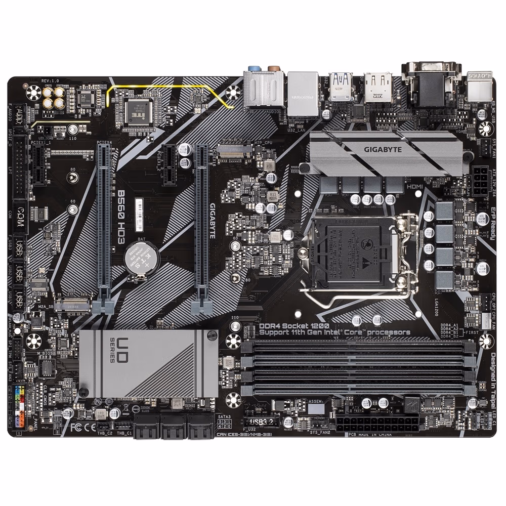 GIGABYTE B560 HD3, Socket 1200, Intel® B560 (11/10th Gen CPU), Dual 4xDDR4-5333, CPU Intel graphics, VGA, DVI, HDMI, DP, 2xPCIe X16 4.0, 6xSATA3, 2xM.2 4.0, 2xPCIe X1, ALC1200 HDA, 1xGbE LAN, 6xUSB3.2, RGB Fusion2.0, ATX