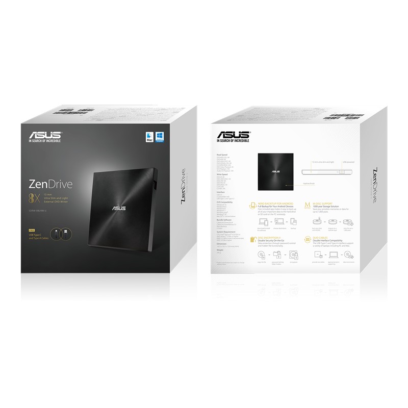 External DVDRW Drive ASUS ZenDrive U9M, Portable Ultra-Slim -13mm, Super-Multi DVDR+8x/-8x, RW+8x/-6x, DL+6x/-6x, M-DISC, Includes two cables for USB Type-C and Type-A, USB2.0 (USB-C/USB-A), Black, Retail photo 5