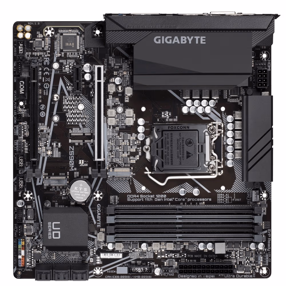 GIGABYTE Z590M, Socket 1200, Intel® Z590 (11/10th Gen CPU), CPU Intel graphics, DVI, HDMI, DP, Dual 4xDDR4-5333, 2xPCIe X16 4.0, 6xSATA3, RAID, 2xM.2 4.0, 1xPCIe X1, ALC887 HDA, 2.5GbE LAN, 1xUSB3.2 Gen2, 7xUSB3.2(1xType-C+6xType-A), RGB Fusion, mATX