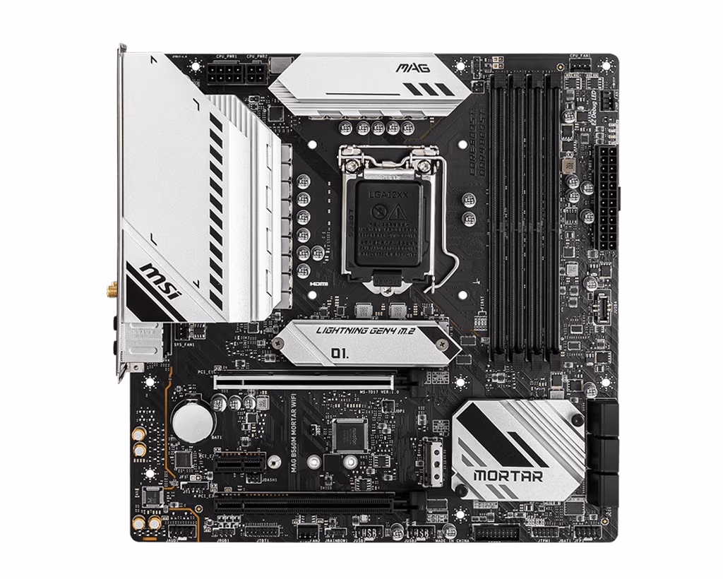 MSI MAG B560M MORTAR WIFI, Socket 1200, Intel® B560 (11/10th Gen CPU), Dual 4xDDR4-5066, CPU graphics, HDMI, DP, 2xPCIe X16 4.0, 6xSATA3, 2xM.2 4.0, 1xPCIeX1, ALC897 HDA, 1x2.5GbE, WIFI6 / BT5.2, SPDIF, 2xUSB3.2 Type-C, 5xUSB3.2, RGB Mystic Light, mATX