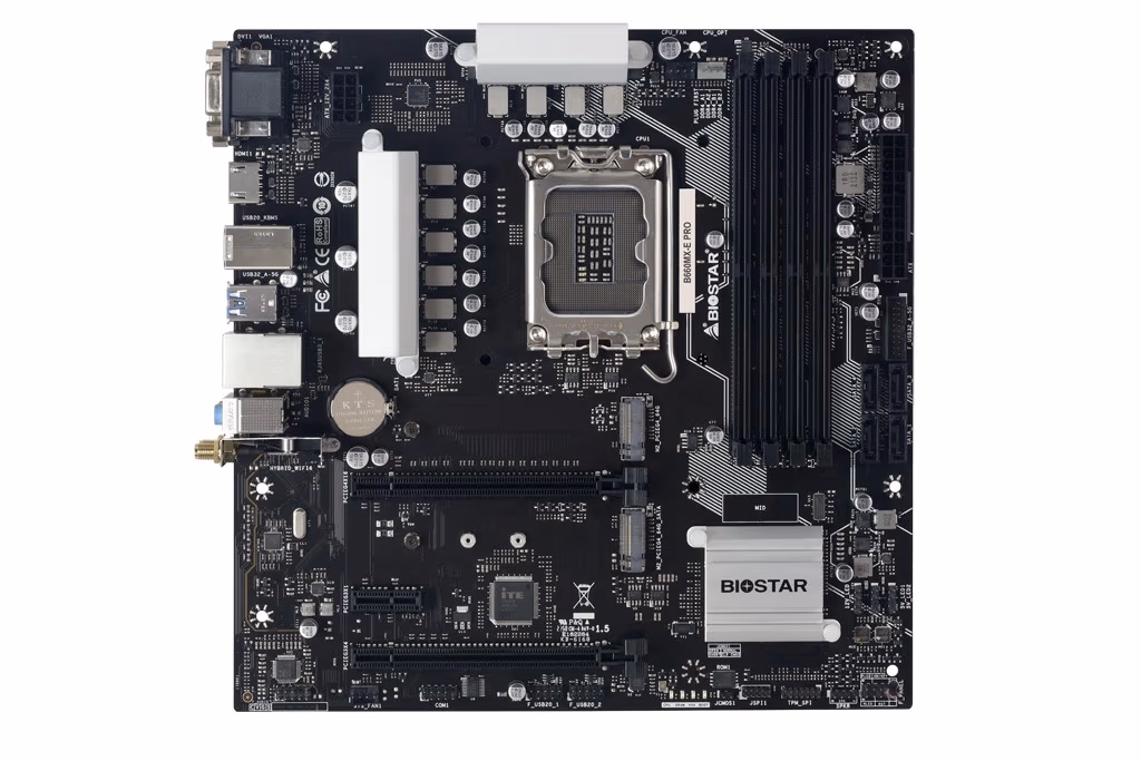 BIOSTAR B660MX-E PRO, Socket 1700, Intel® B660 (13/12th Gen CPU), CPU graphics, VGA, DVI, HDMI, Dual 4xDDR4-4600, 2xPCIe X16 4.0, 4xSATA3, 2xM.2 4.0, RAID, 1xM.2 E-key for Wi-Fi, 1xPCIe X1, ALC897 HDA, 1xGbE LAN, 6xUSB3.2, VIVID LED DJ RGB, mATX