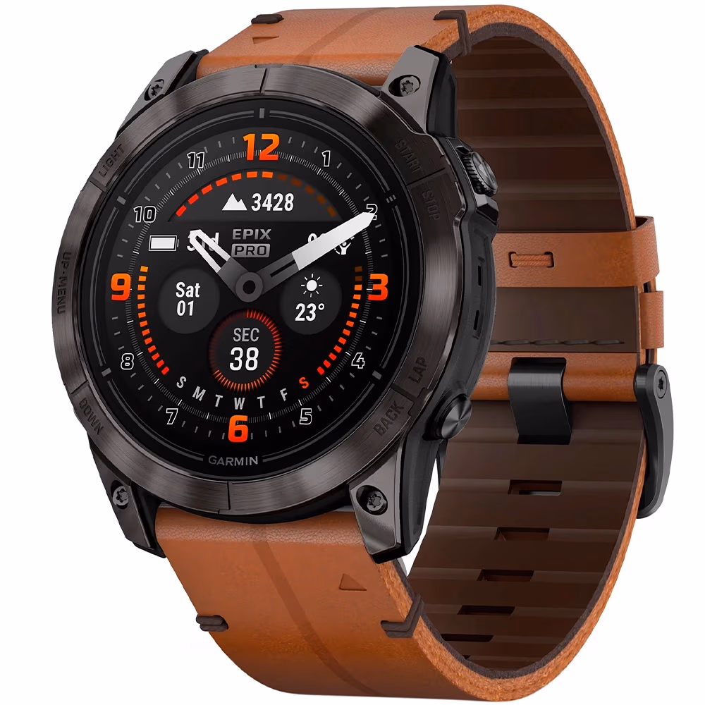 Garmin Epix Pro (Gen 2), 51mm, Sapphire, Carbon Grey DLC Titanium with Chestnut Leather Band