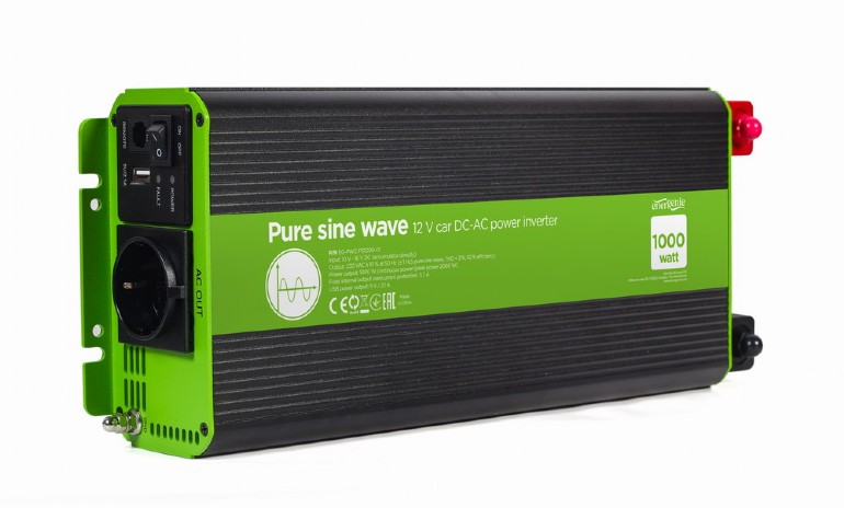 EnerGenie EG-PWC-PS1000-01, 12 V Pure sine wave car DC-AC power inverter, 1000 W, with USB port / 5V-2.1A,  Input: 10-16 VDC (accumulator directly) - Output: 230 VAC +/- 10% at 50 Hz (+/-1Hz), pure sine wave, THD < 3%, 90% efficiency photo 1