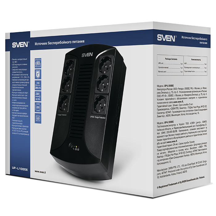 SVEN UP-L1000E, Line-interactive UPS with AVR, 1000VA /510W, 6 x Schuko outlets (3 backed up, all 6 surge protected), LED status indication,Black photo 5