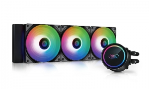DEEPCOOL Liquid Cooler ”GAMMAXX L360 A-RGB”, Anti-Leak Technology, Socket LGA2066/2011/1851/1700/1200/115x & AM5/AM4, 3x 120mm ARGB PWM fans: 500-1800 RPM±10%, <30 dB(A), 69.34 CFM, 4-pin PWM, Pump: 2400 RPM, 17.8 dB(A), Cooper Base, Hydro Bearing, Black thumbnav 1