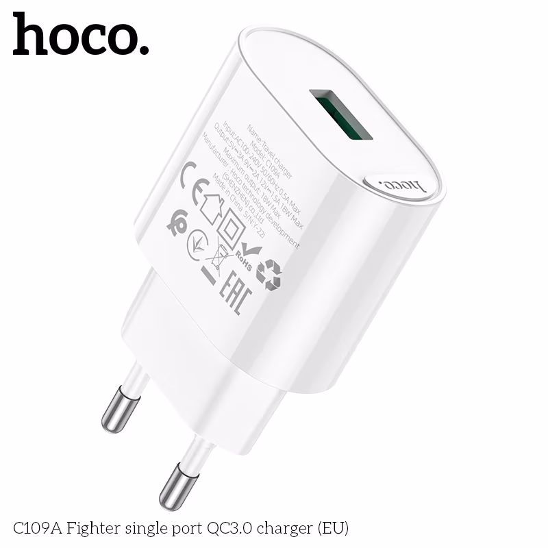 USB Charger HOCO C109A Fighter Single port, 1 x USB, USB: 18W, up to QC3.0, White 