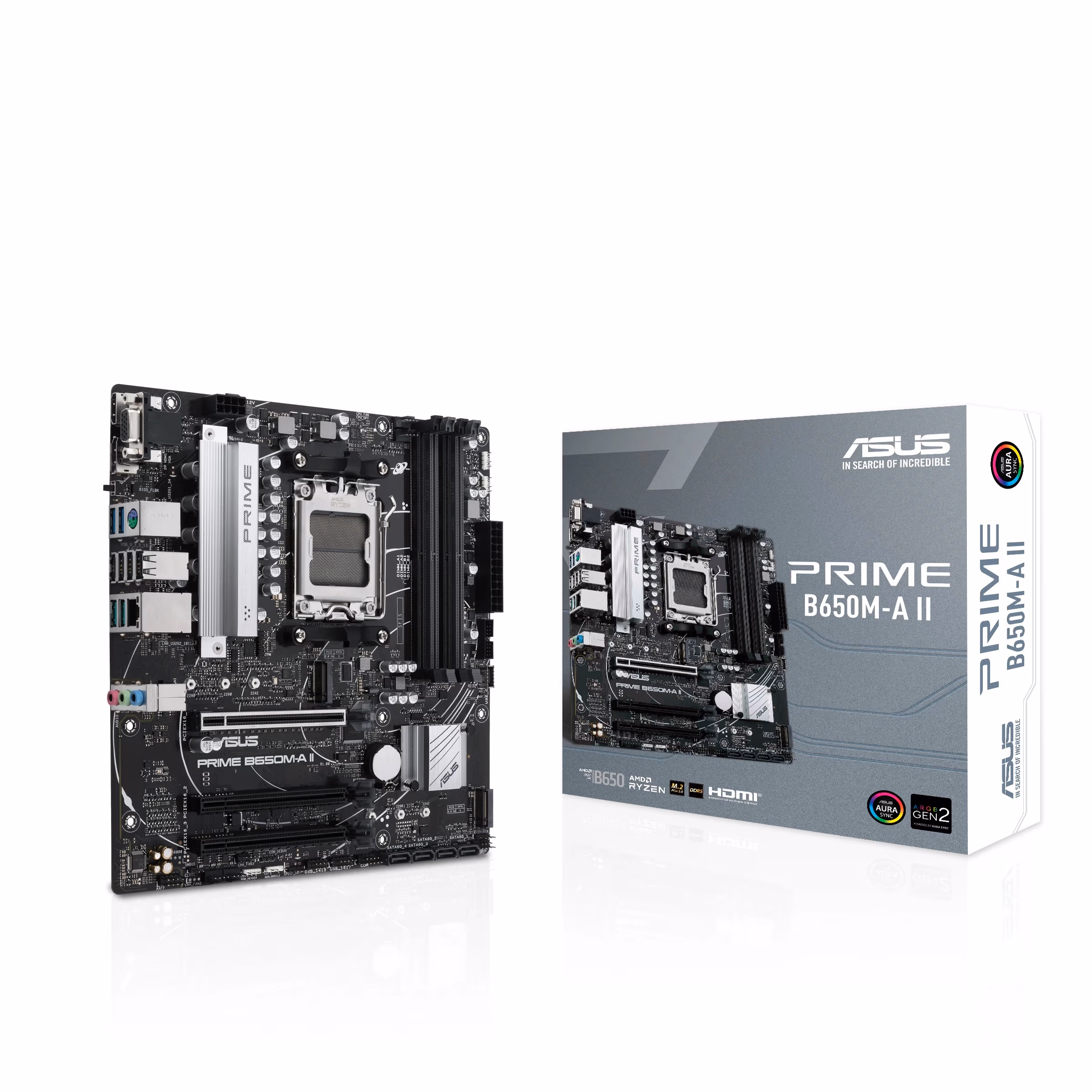 ASUS PRIME B650M-A II, Socket AM5, AMD B650, 14Phases, Dual 4xDDR5-6400, APU AMD graphics, VGA, HDMI, DP, 3xPCIe 4.0 X16, 4xSATA3, RAID, 2xM.2 PCIe 5.0, ALC1220-VB HDA, 2.5GbE LAN, 2xUSB3.2 Gen2, 5xUSB3.2 (1C+4A), Aura Sync RGB 2.0, mATX
