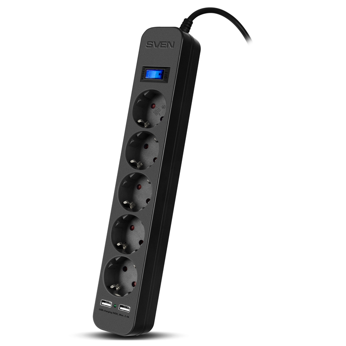 Surge Protector SVEN SF-05LU, 5 Sockets + 2 USB (2,4 A) , 1.8m, Black, color box photo 1 Surge Protector SVEN SF-05LU, 5 Sockets + 2 USB (2,4 A) , 1.8m, Black, color box photo 1