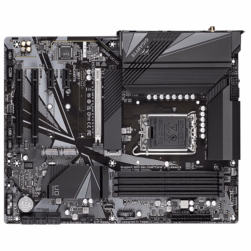 GIGABYTE Z690 UD AX, Socket 1700, Intel® Z690 (12th Gen CPU), 19Phases, CPU graphics, HDMI, DP, Dual 4xDDR5-6000, 3xPCIe X16 5.0, 6xSATA3, RAID, 3xM.2 4.0, 2xPCIe X1, Realtek Audio 7.1, 2.5GbE LAN, WiFi6/BT, 2xUSB-C 3.2Gen2x2, 1xUSB3.2Gen2, 7xUSB3.2(6A+1C
