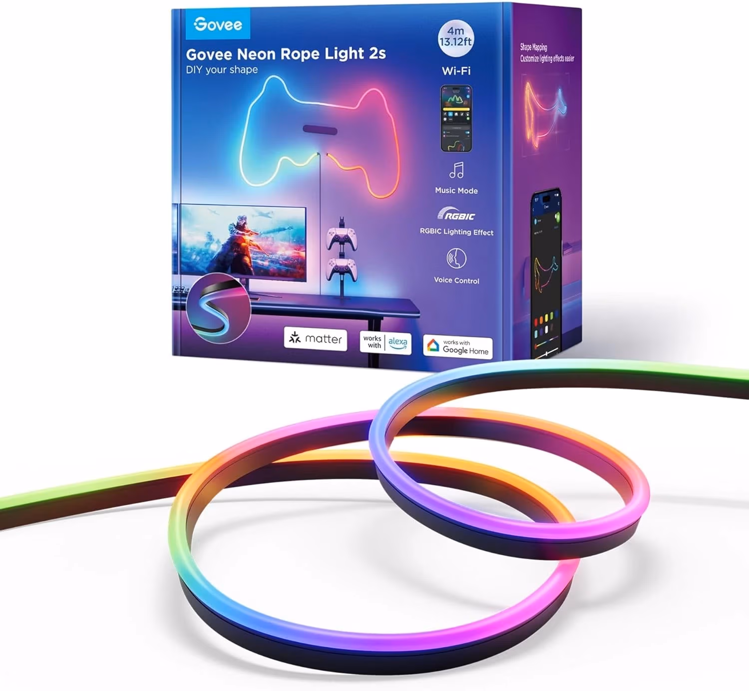 Lumina neon de tip franghie GOVEE Neon Rope Strip Ligth 2s / 4m / Multicolor / Wi-Fi + BT / Black