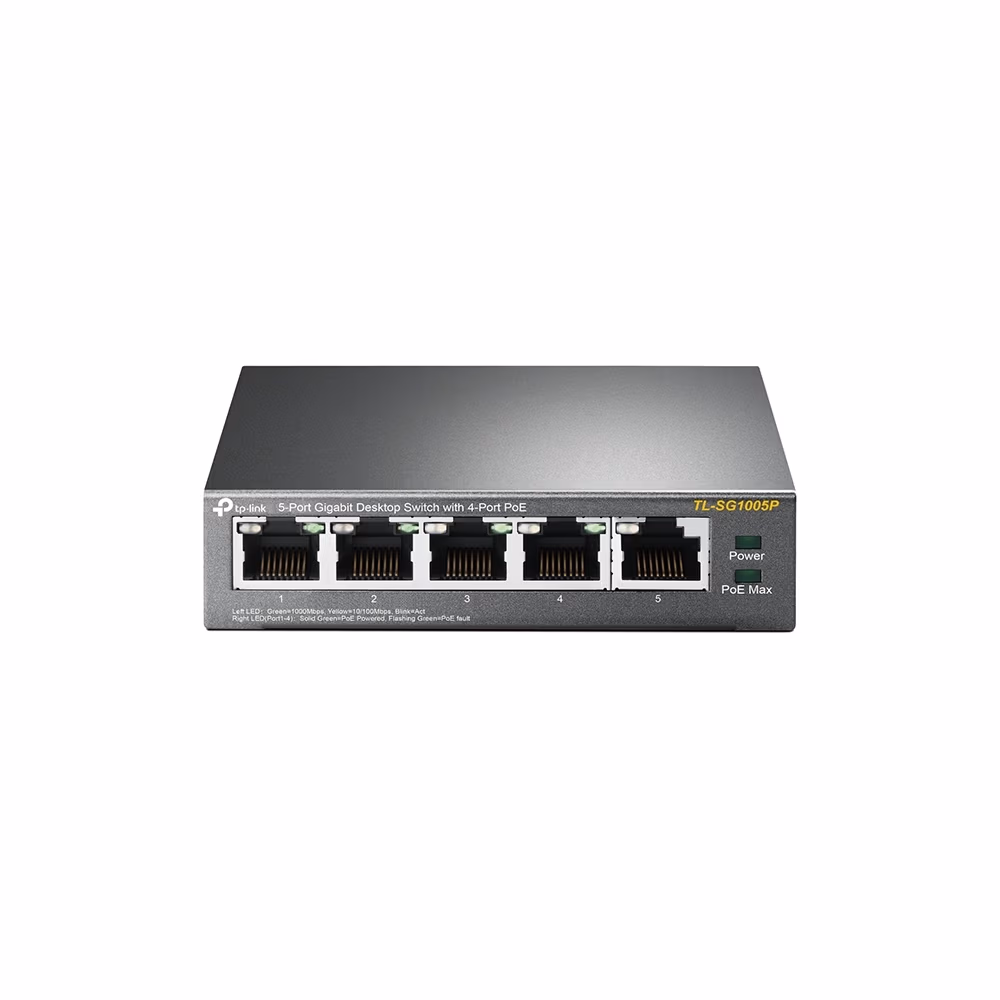 TP-LINK TL-SG1005P, 5-Port Gigabit Desktop PoE Switch, 5 Gigabit RJ45 ports including 4 PoE ports, 56W PoE Power supply, steel case 