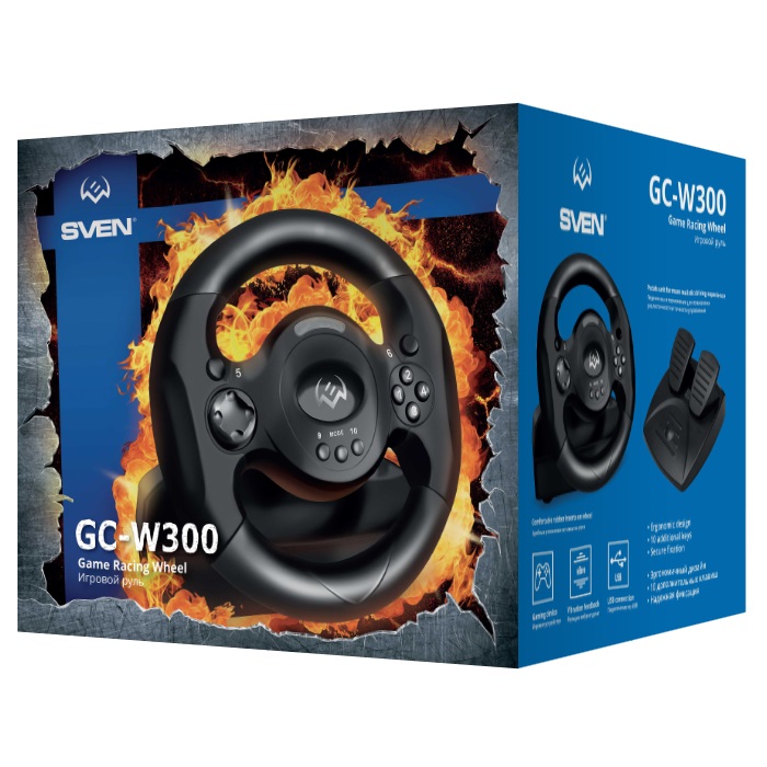 SVEN GC-W300 Racing Wheel, Rubber coating of the wheel for comfortable driving, Two axes, D-Pad, 10 additional buttons, Vibration feedback function, USB, Black photo 3