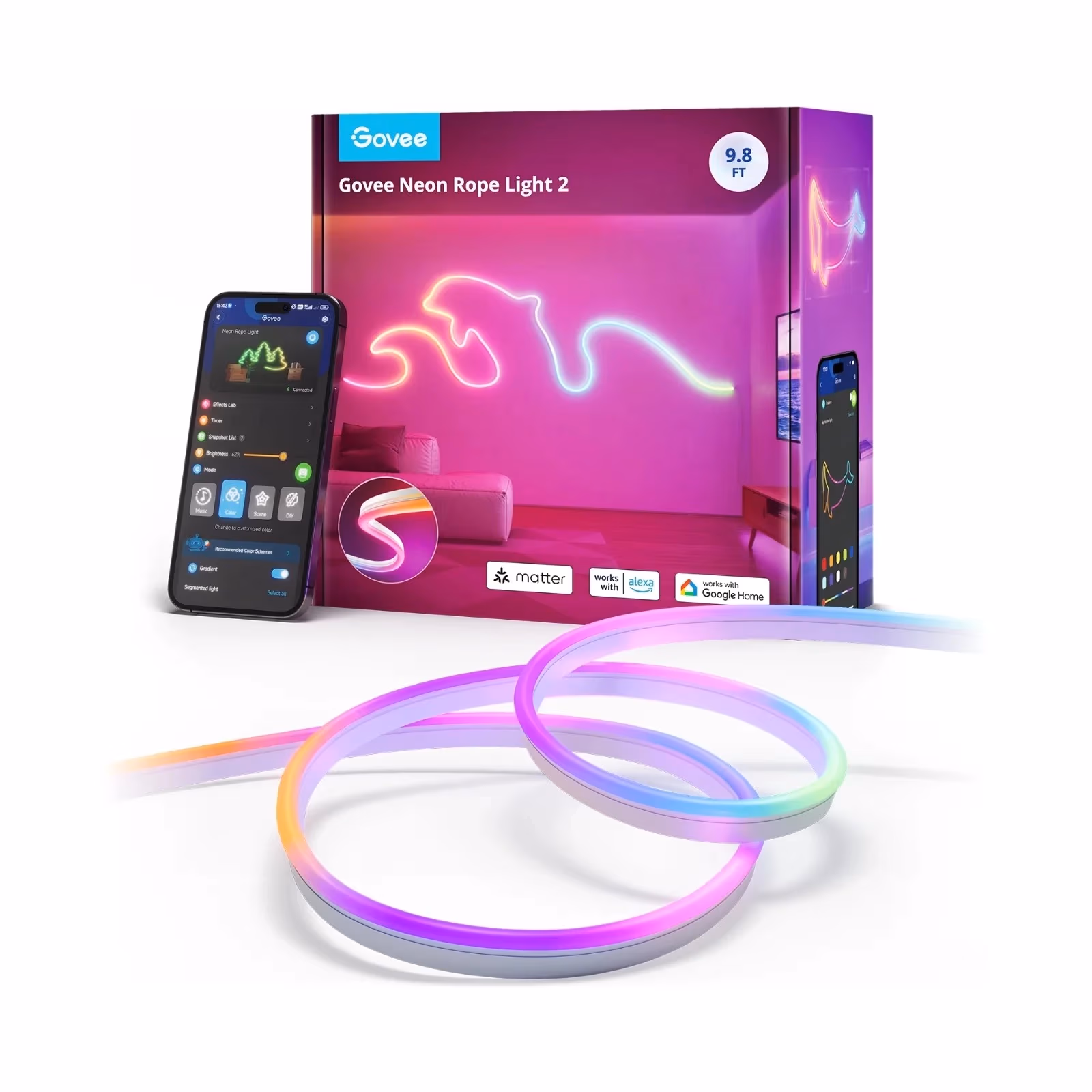 Lumina neon de tip franghie GOVEE Neon Rope Strip Ligth 2 / 5m / Multicolor / Wi-Fi + BT / White,