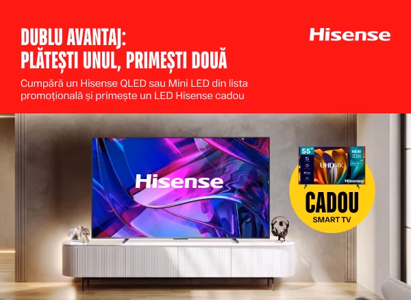 Dublu avantaj Hisense: cumperi TV QLED sau Mini LED, primești LED cadou Dublu avantaj Hisense: cumperi TV QLED sau Mini LED, primești LED cadou